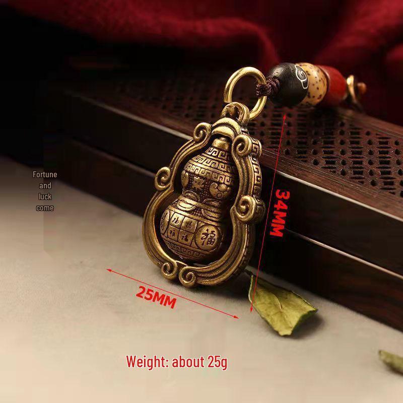 Rotating Brass Gourd Fortune Keychain with Auspicious Cloud Pendant