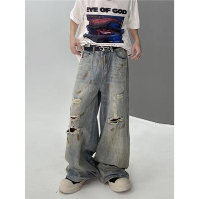 Sommer Amerikanischer Straßen Retro-Stil Faul zerrissen Weitbeinige Jeans Herren Ins Locker und Dünn Trend Gerade Hosen