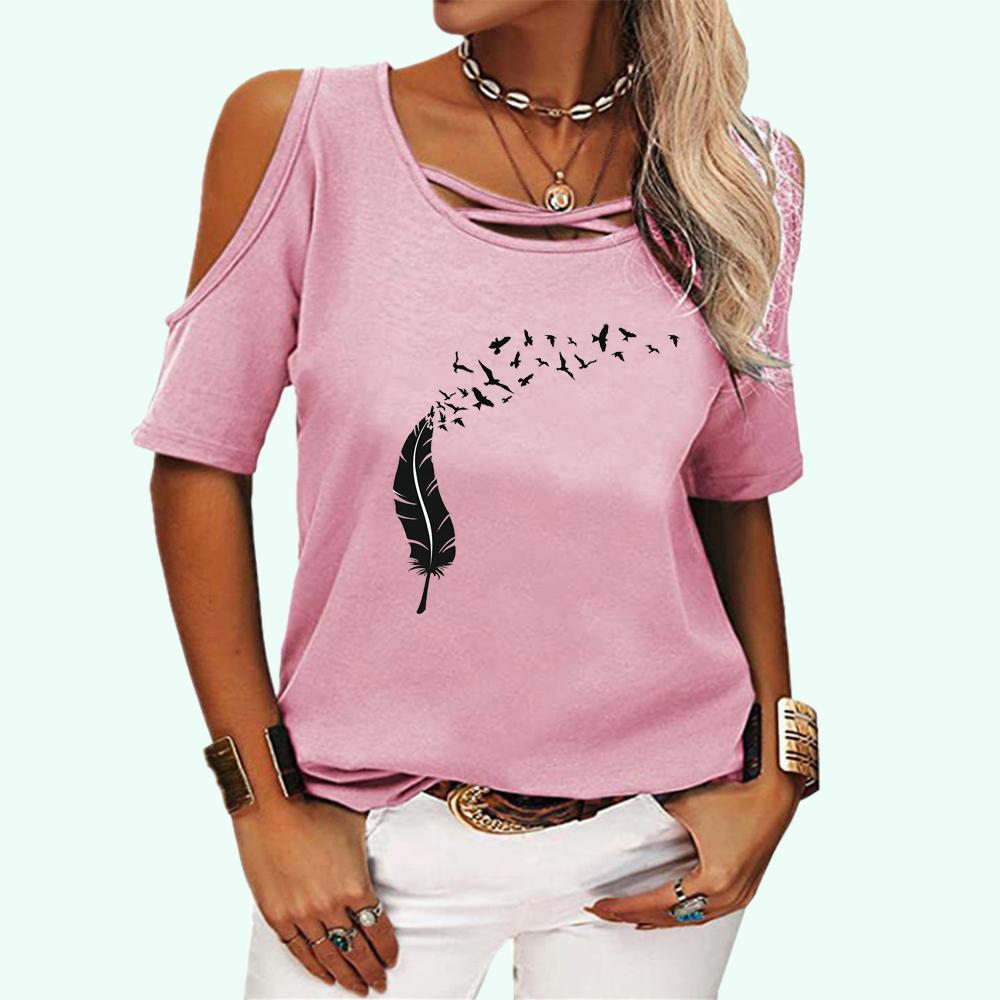 Women Fashion Printed Short Sleeve Top Ladies Summer Off Shoulder T-shirt Casual Round Collar Tee Shirt Pullover Loose T-shirt