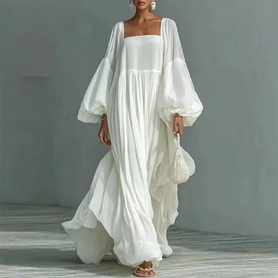European and American Women's Clothing, New Spring Models, Square Neck Lantern Sleeves, Casual Style Swinging Long Dress, Dress.