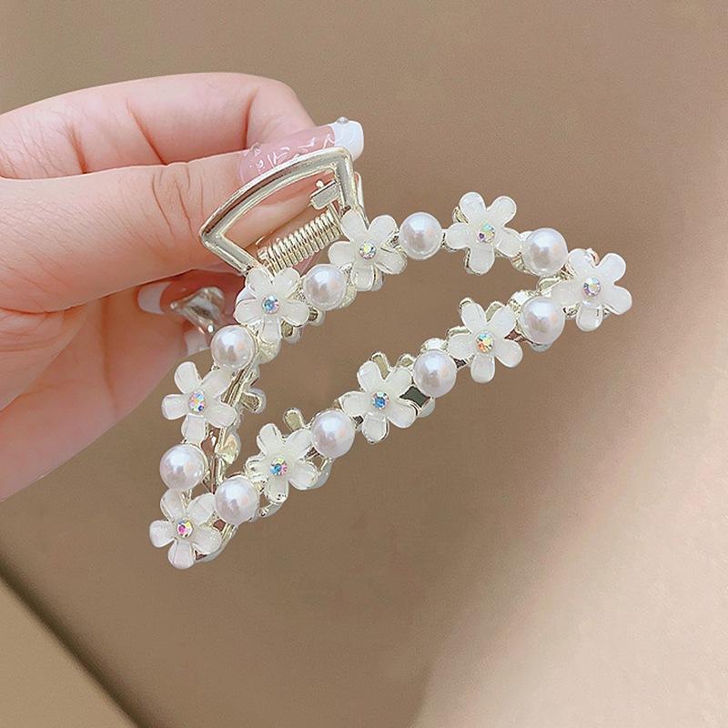 Fashion Bow Pearl Rhinestone Flower Grab Clip Temperament Half Tie Hairpin Disc Hair Shark Clip
