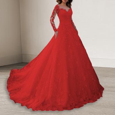 Vestido de noite feminino renda floral bordado linha A grande balanço decote em V mangas compridas zíper nas costas baile de formatura festa de casamento vestido longo