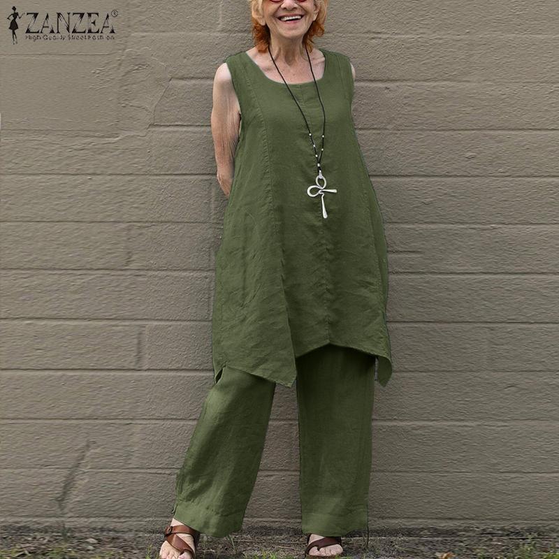 

ZANZEA Хлопковая одежда, женская майка и брюки, летний комплект из двух предметов