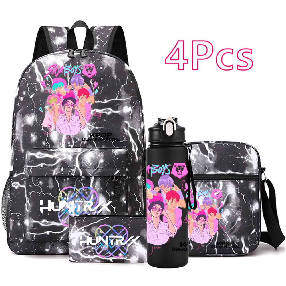 4Pcs/set Cartoon K-pop Printed Backpack Large Capacity Bookbag Shoulder Bag Case Bag with 750ml Water Bottler Boy Girl School Bag Kid Gift