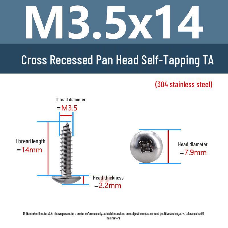 304 Stainless Steel Large Flat Head Self-Tapping Screws, TA Umbrella Head, Pointed Tail, M2-