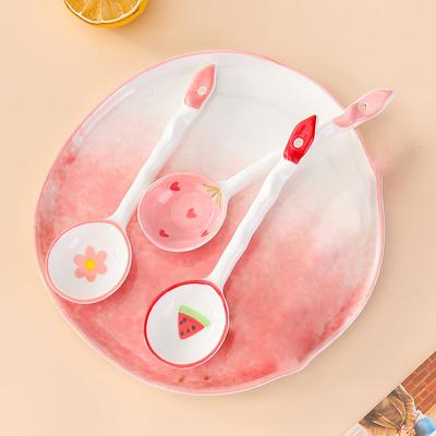Kawaii Fruit Strawberry Ceramic Soup Spoon Cute Ice Cream Hand Painted Coffee Dessert Long Handle Spoon Kitchen Accessories