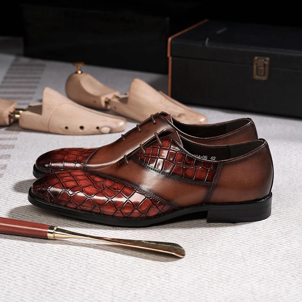 Luxury Men's Oxfords Cow Patent Leather Crocodile Pattern Wedding Party Dress Shoes for Men Lace-Up Office Formal Shoes