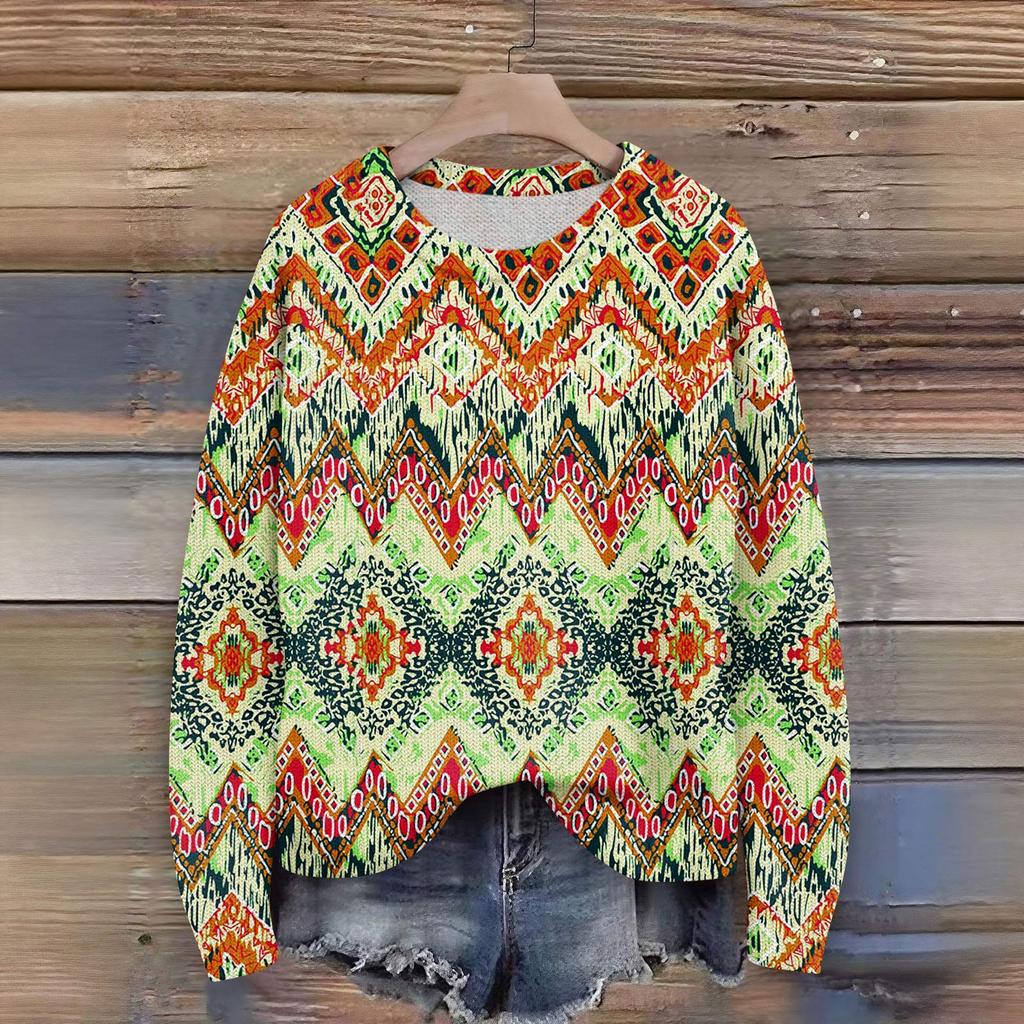 Long Sleeve Pullover Sweaters For Women O Neck Casual Cute Printing Knit Oversized Sweater