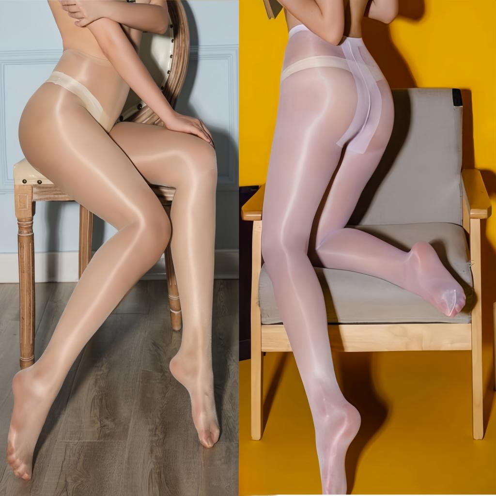 Ölglänzende schwarze Stretch-Strumpfhose für Damen mit offenem Schritt – 2025 NEU Sexy transparente, atmungsaktive weiße Strumpfhose mit hoher Taille