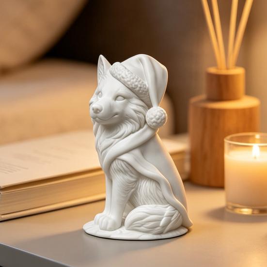Creative Christmas Gift 3D Printed Wolf Figurine, Cute Animal Statue with Santa Figurine Hat And Scarf for Tabletop, Mantel Shelf Home Office