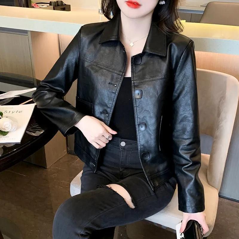 Women's Casual Loose Fit PU Leather Jacket with Button Closure and Pockets