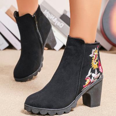 Bottes brodées pour femmes automne/hiver nouveau style bottes Martin à fermeture éclair latérale bottes courtes à talons hauts pour femmes