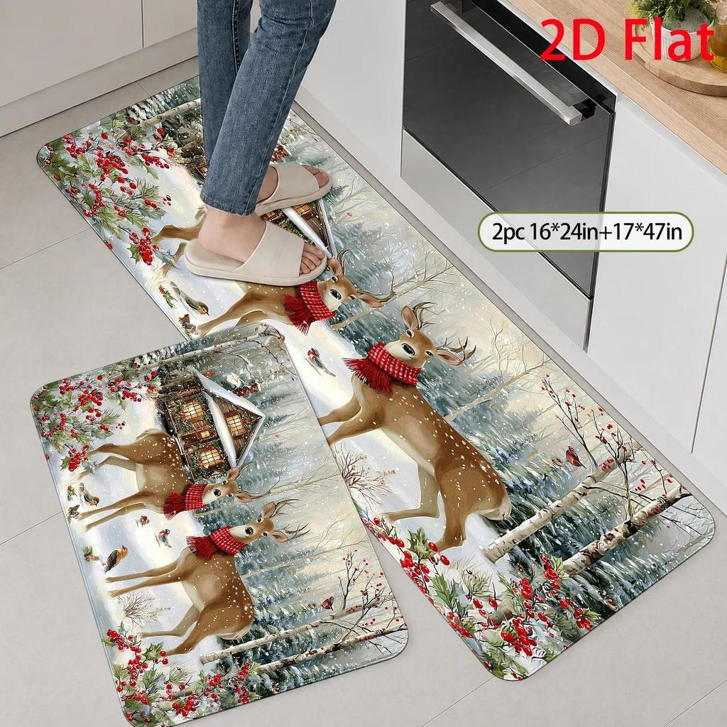 Festive Winter Woodland Deer Rug Carpet Mat Polyester Throw Rug for Christmas Holiday Home Decor Rustic Cabin Living Room Entryw