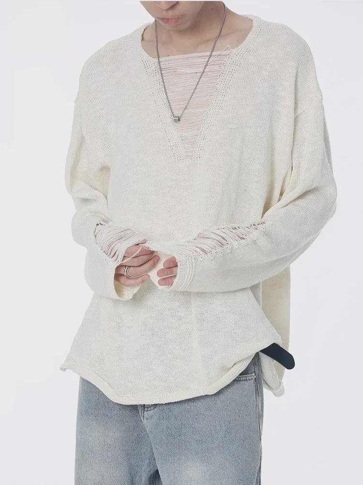 

Осенний вязаный свитер с V-образным вырезом из пряжи кордицепса и кисточками — дырчатый дизайн, слегка прозрачные длинные рукава, свободный крой L абрикосовый