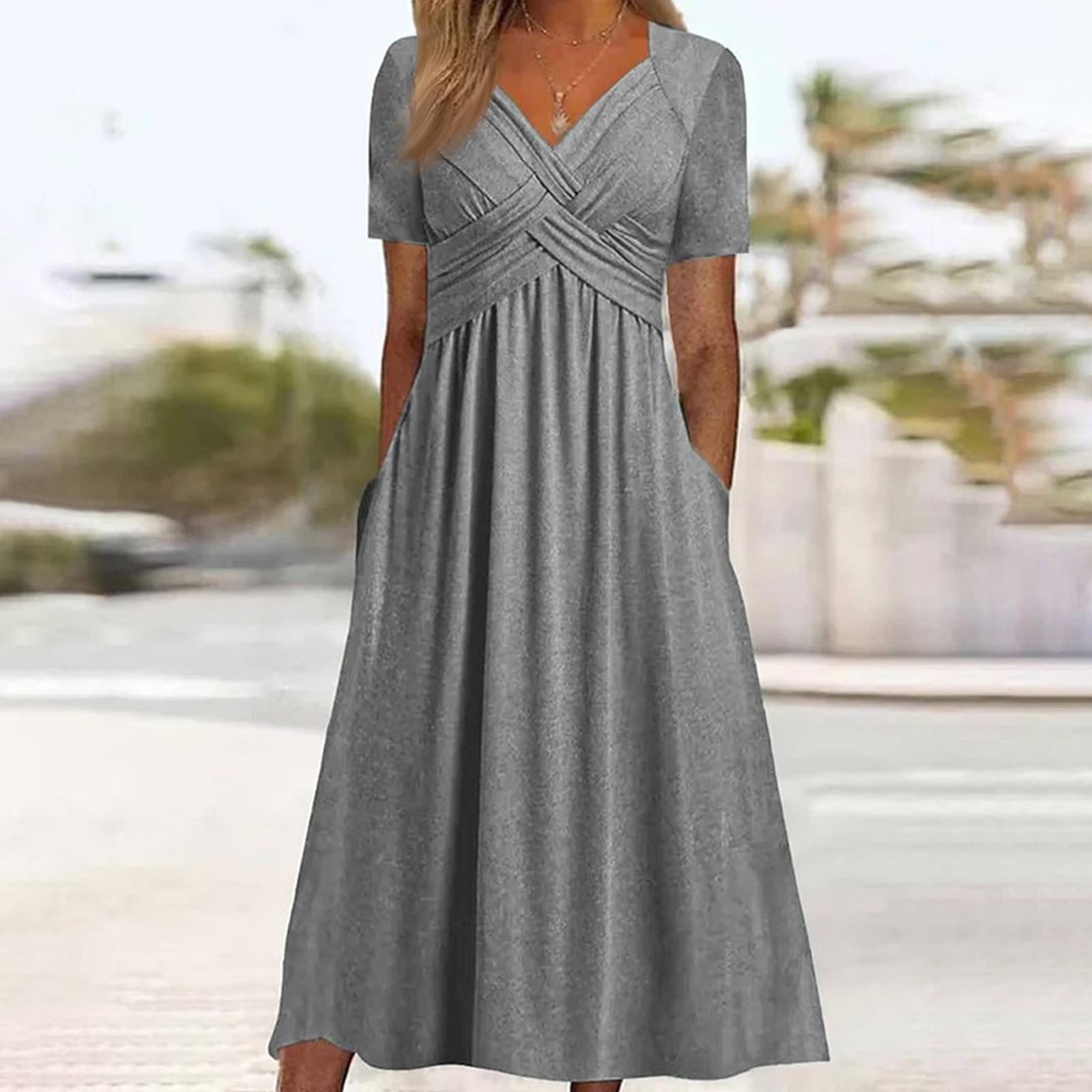 

Женское летнее платье с плиссированным ремешком и V-образным вырезом с короткими рукавами, однотонное платье с карманами трапециевидной формы со свободным подолом, дышащее мягкое платье миди для свиданий XL серый