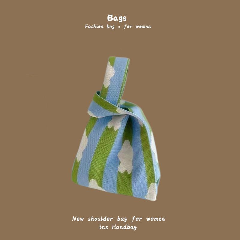 Ins Trendy Handbag Women'S Knitted Wool Bucket Bag Hand Carry Casual Tote Bag Box Lunch Bag