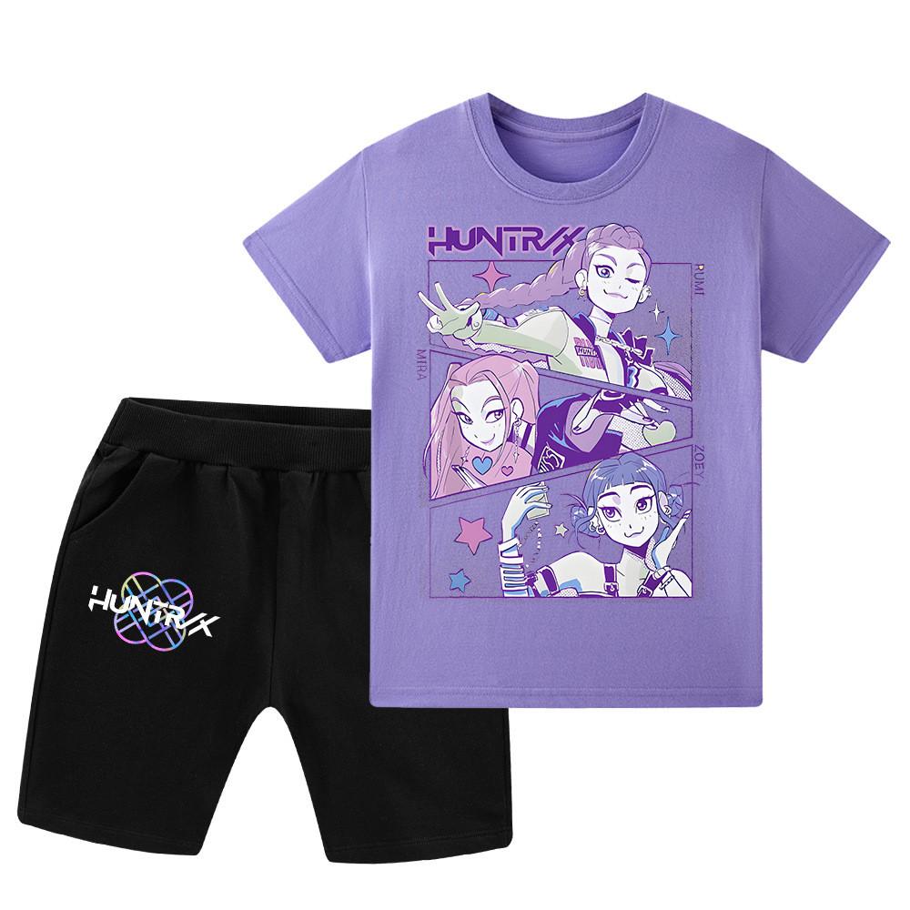 

WA1196 Kids Boys Girls Kpop Rumi Zoey Mira Print Short Sleeves T-shirt Shorts Pants Sets 160cm фіолетовий