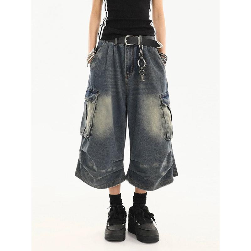 Pantaloni scurți denim de lucru pentru femei, cu aspect vintage spălat, cu buzunare multiple, design plisat, largi, cu cădere, pantaloni șapte sferturi