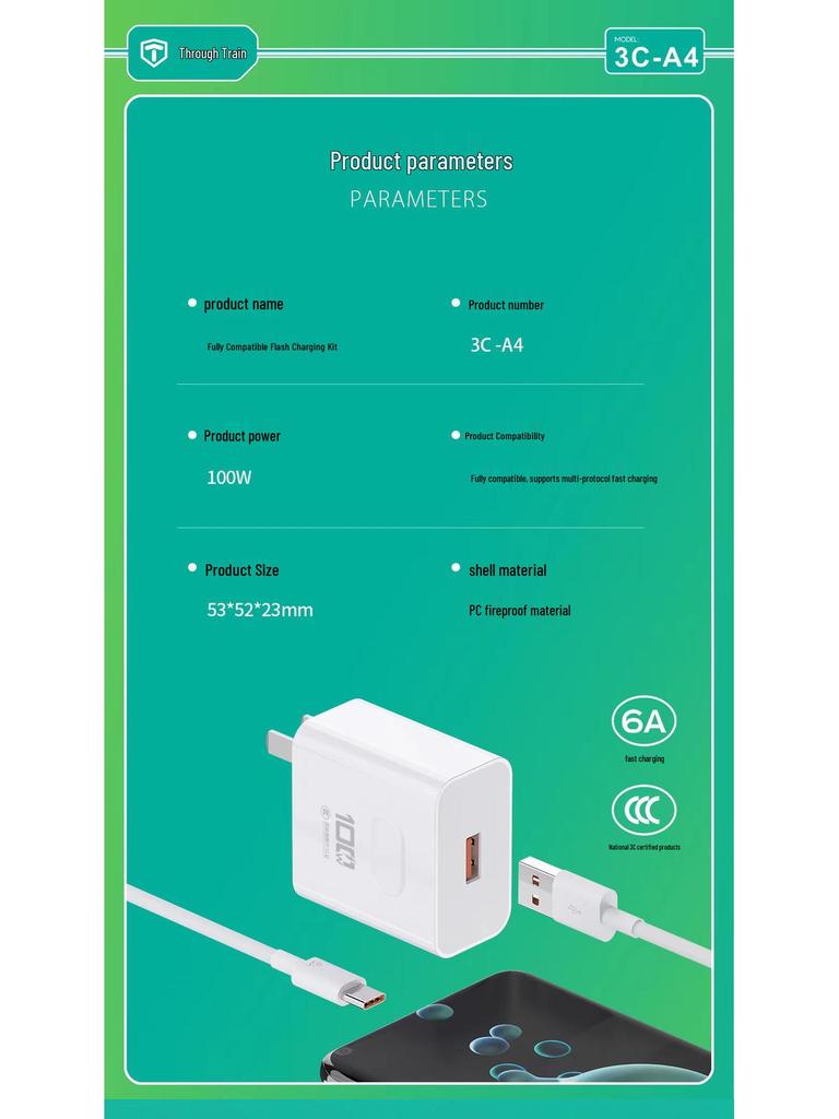100W Super Fast Charger for Android, Apple, Huawei, and Xiaomi - Fully Compatible Charging Head.