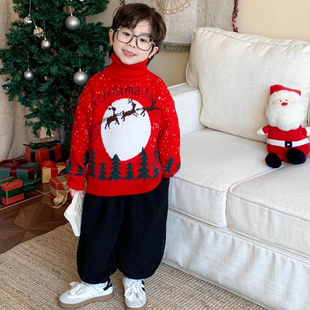 2025 Winter Kinder Roter Rollkragenpullover - Trendiger Weihnachtsstil für Jungen und Mädchen