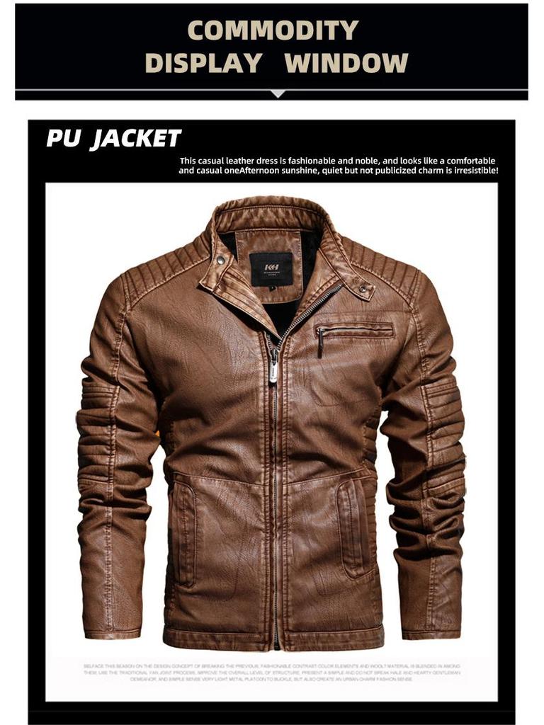 Jachetă de motociclist pentru bărbați, de iarnă, din piele PU, cu guler înalt, croială slim fit - Stil European & American