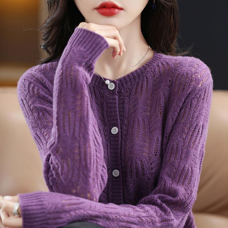 Women's Fashionable Autumn Wool Cardigan Coat - Round Neck, Knit, Hollow Design Cashmere Sweater