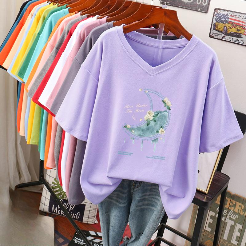 Camiseta de manga curta, Solta, Top V-neck Estampado Emagrecedor para Mulheres