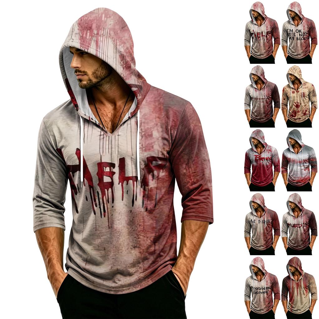 Men's Loose Fit Casual Hooded Shirt Three Quarter Sleeve Halloween Graphic Print Pullover Top Lightweight Breathable
