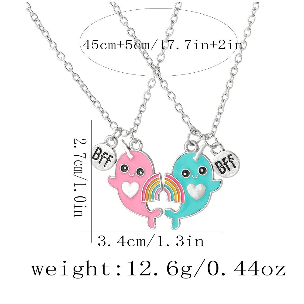 2Pcs/Set Cartoon BFF Round Charm Rainbow Dolphin Design Best Friends Necklace For Girls Frienship Gift