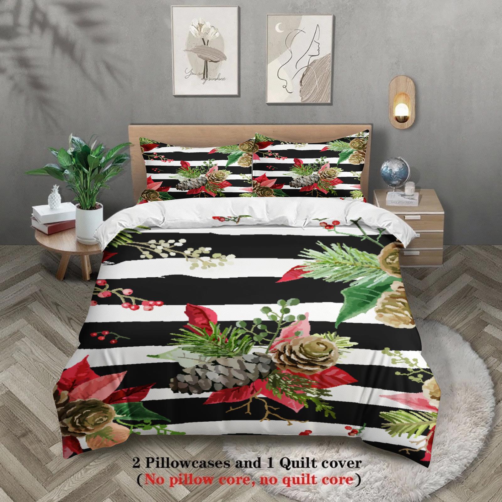 

Pinecone Floral Bedding Sets(No Pillow Core,Quilt Core)Watercolor Printed 3pcs Black And White Stripe Full Size Duvet Cover US King(264x229cm)