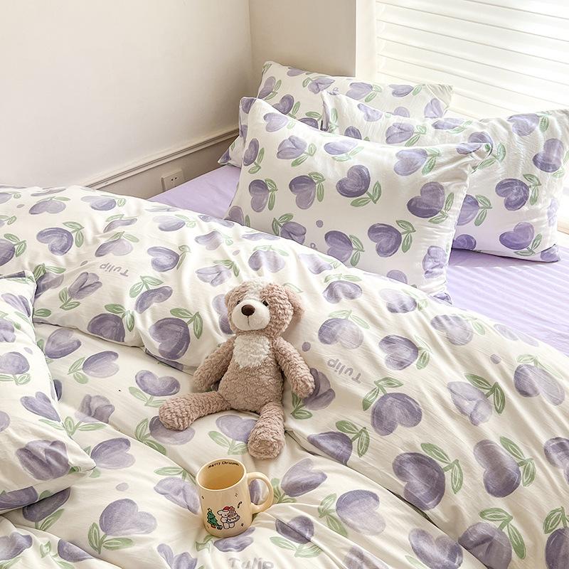 Class A Mother and Baby Grade Naked Sleeping Four-piece Set Fresh Washed Cotton Sheets Quilt Cover Bed Sheet Type Pure Cotton Three-piece Set