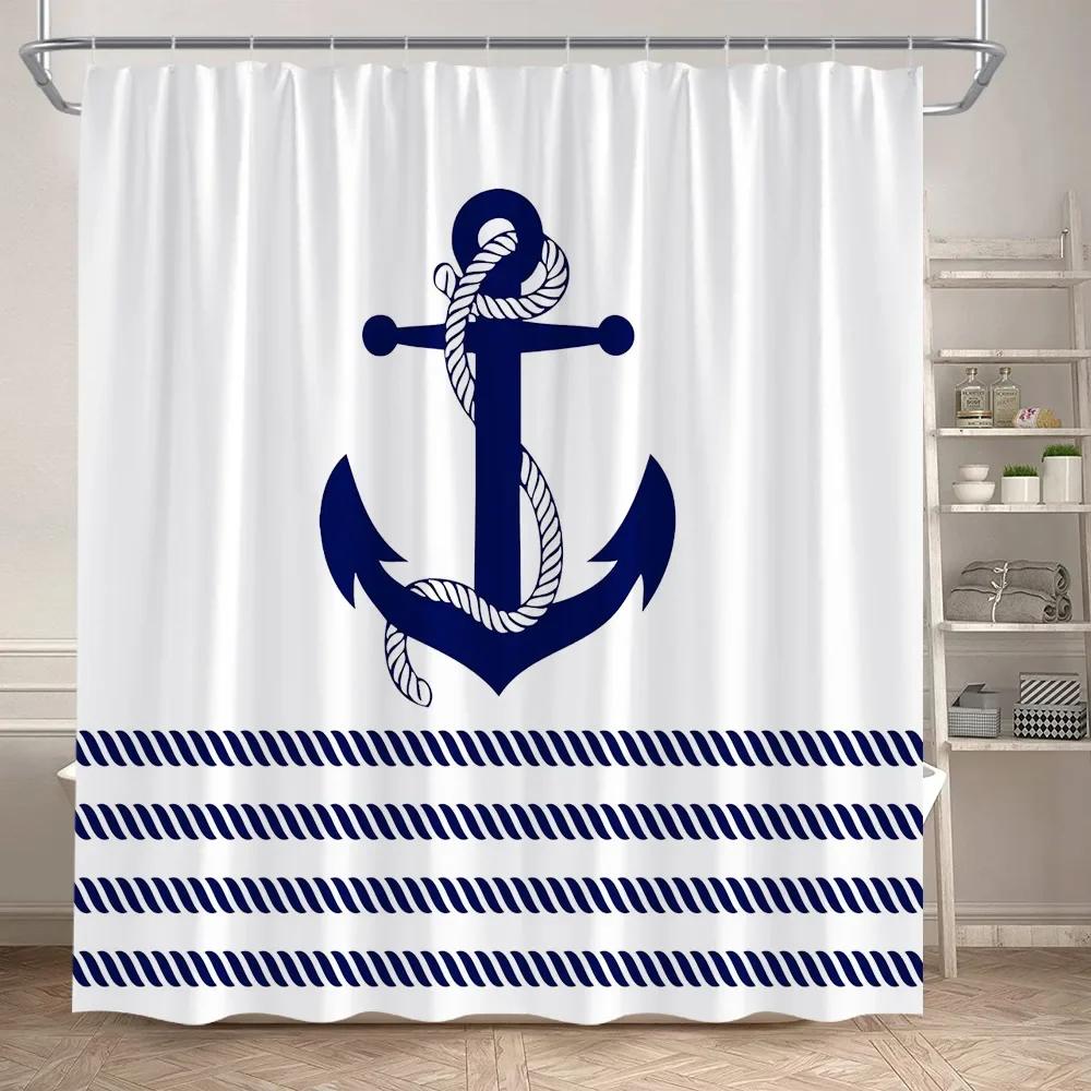 Blue And White Striped Shower Curtain Modern Geometric Nautical Anchor Bath Curtains Polyester Fabric Bathroom Decor with Hooks