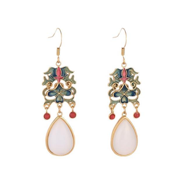 Retro National Trend Cloisonné Enamel Earrings with Southern Red Agate and White Jade for Hanfu Costumes