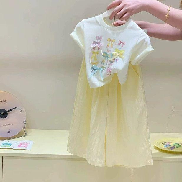 2025 Summer Girls' Korean Style Outfit: Sweet Bow Print Top & Crinkled Pants