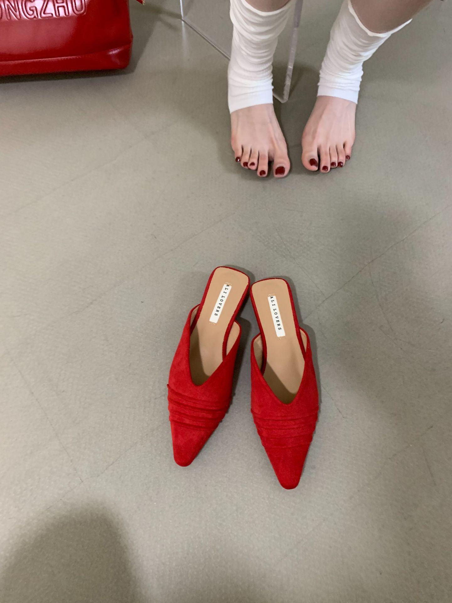 Women s Suede Pointed Toe Low Heel Ruffled French Style Elegant Outdoor Wear Slippers - Perfect for Daily Wear 35 красный