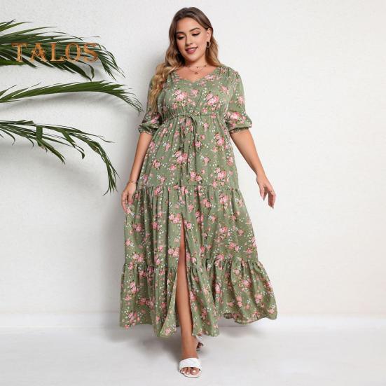 

Женское платье макси с v-образным вырезом и коротким рукавом, эластичное длинное платье с высокой талией, длинное платье с разрезом спереди и рюшами, богемное платье с цветочным принтом XL армия зеленый