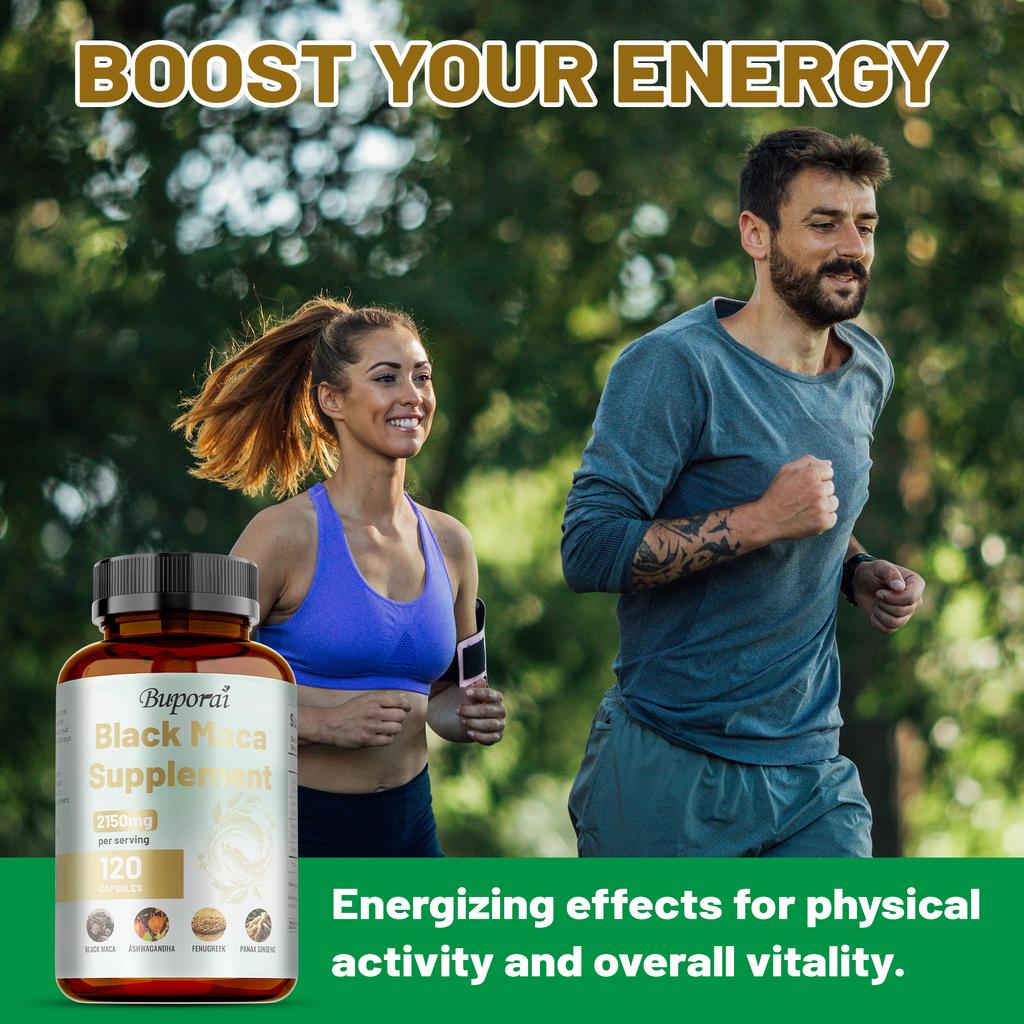 Organic Black Maca Capsules Containing Ashwagandha and Fenugreek Extracts, 2150 Mg Per Serving, an Energy Supplement.