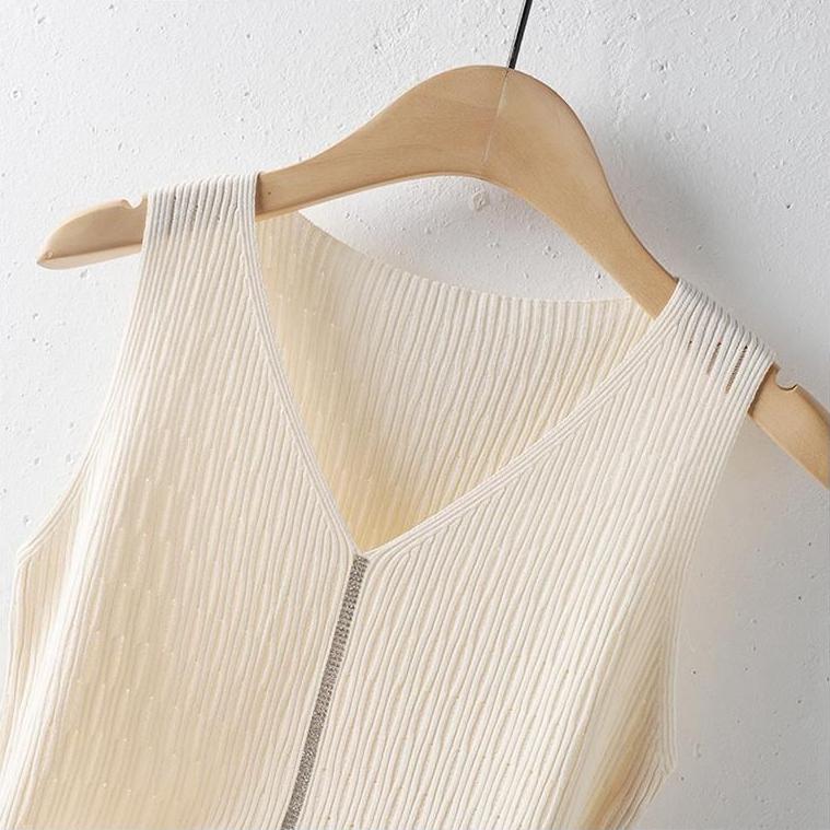 Ice Silk Suspender Tank Top Women's Bottom Coat Summer Short Loose Sleeveless White V-neck Knitted Casual Top