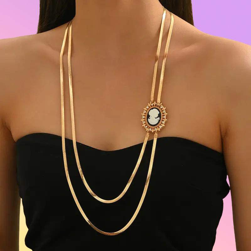 TEMU Personality Temperament Necklace – Long Exaggerated Snake Chain with Beauty Figure Pendant