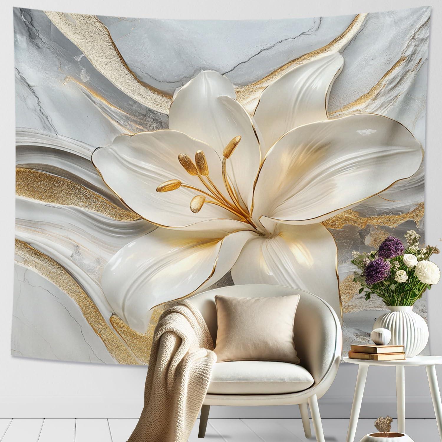 Tapestry of elegant white flowers with gold accents 75x100 чёрный