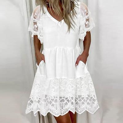 Sommer V-Ausschnitt Spitze Patchwork Weißes Kleid Rüschen Kurzarm Freizeitkleid Für Frauen Elegante Böhmische Lose Strandkleider Robe