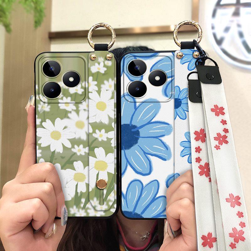 Back Cover Anti-knock Phone Case For Realme C53/Narzo N53 Wrist Strap Phone Holder Dirt-resistant Waterproof Ring Flower
