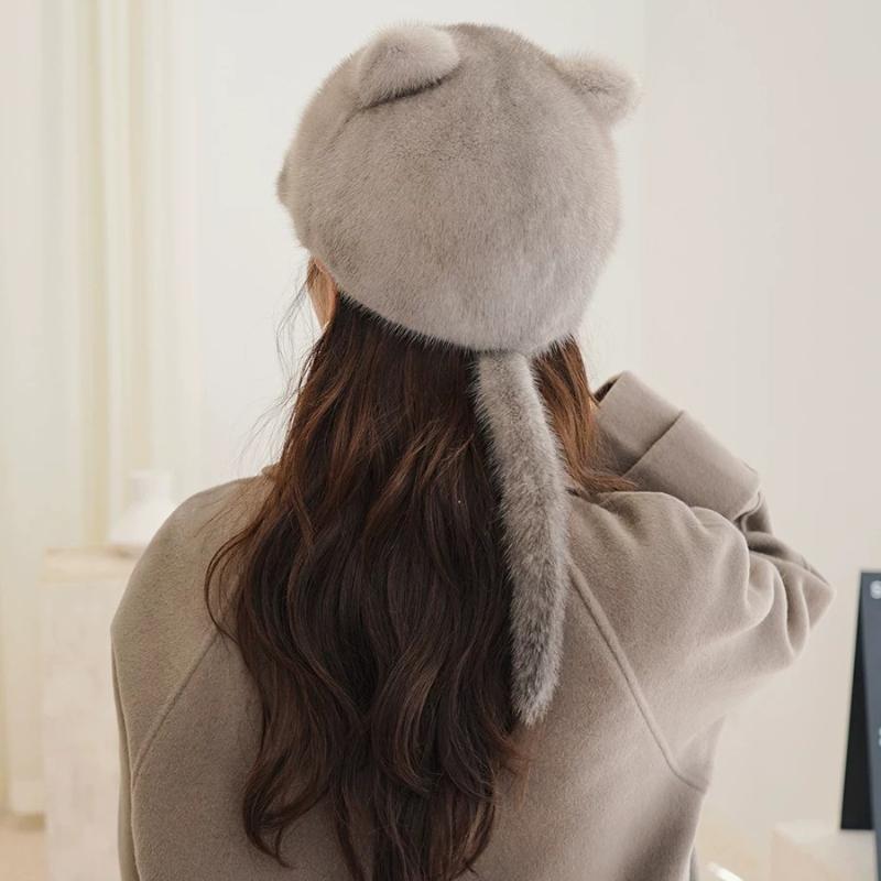 Winter Ladies Mink Hat Sweet Cute Cat Ears with Tail Whole Mink Hat Mink Fur Cap Tide