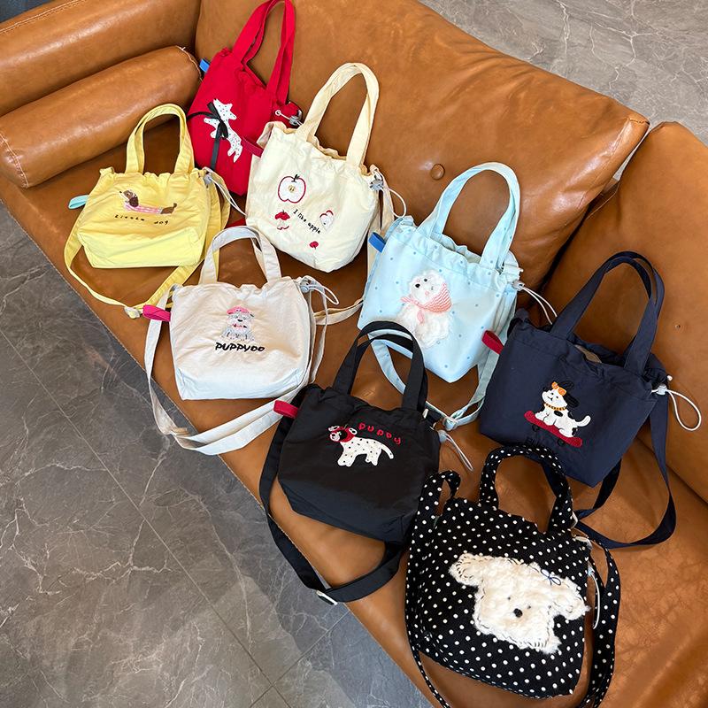 Cute Embroidery Women'S Drawstring Shoulder Bag Cartoon College Girls Book Tote Shopping Bags Large Capacity Female Handbags