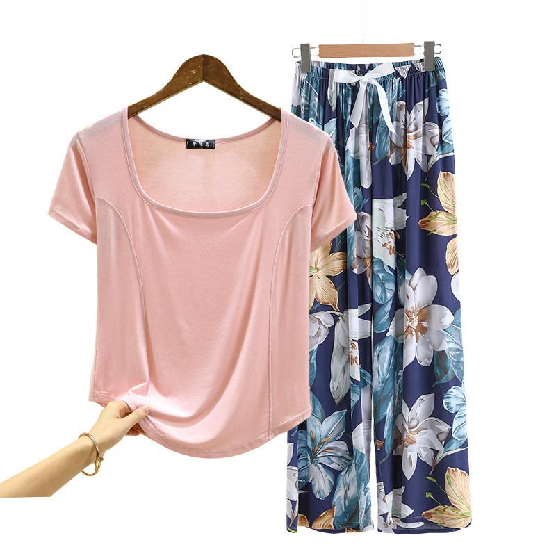 Fashion U Nek Tshirt and Floral Wide leg pants Summer fashion homewear 2pcs suit Loose Casual pajamas set comfort loungewear plus size