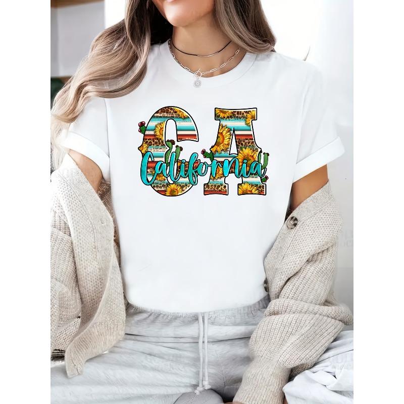 

European sizes Women s California Tropical Graphic T-Shirt - Casual and Versatile Short Sleeve Crew Neck Tee with Vibrant Letter Print Design 4XL білий