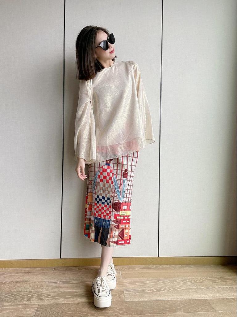 Miyake Cartoon Character Pleated Mid-Length Skirt with Plaid Print and Back Slit