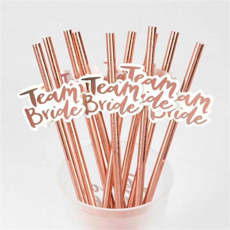 12pcs Rose Golden Paper Straws Team Bride Drinking Straw for Wedding Party Supplies Bridal Baby Shower Birthday Decor