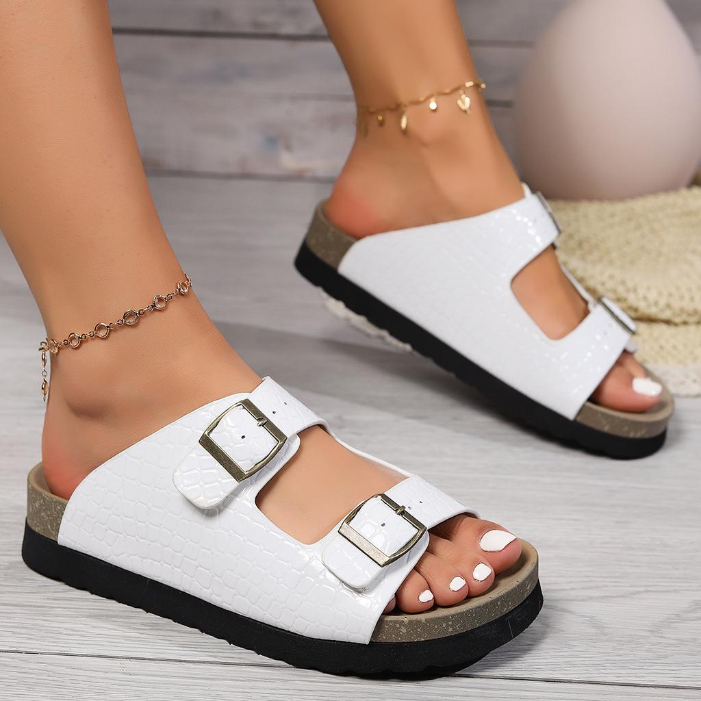 Foreign trade flat-bottomed summer casual slippers women's new cork-soled outer wear double-button open-toed stone pattern large-size shoes