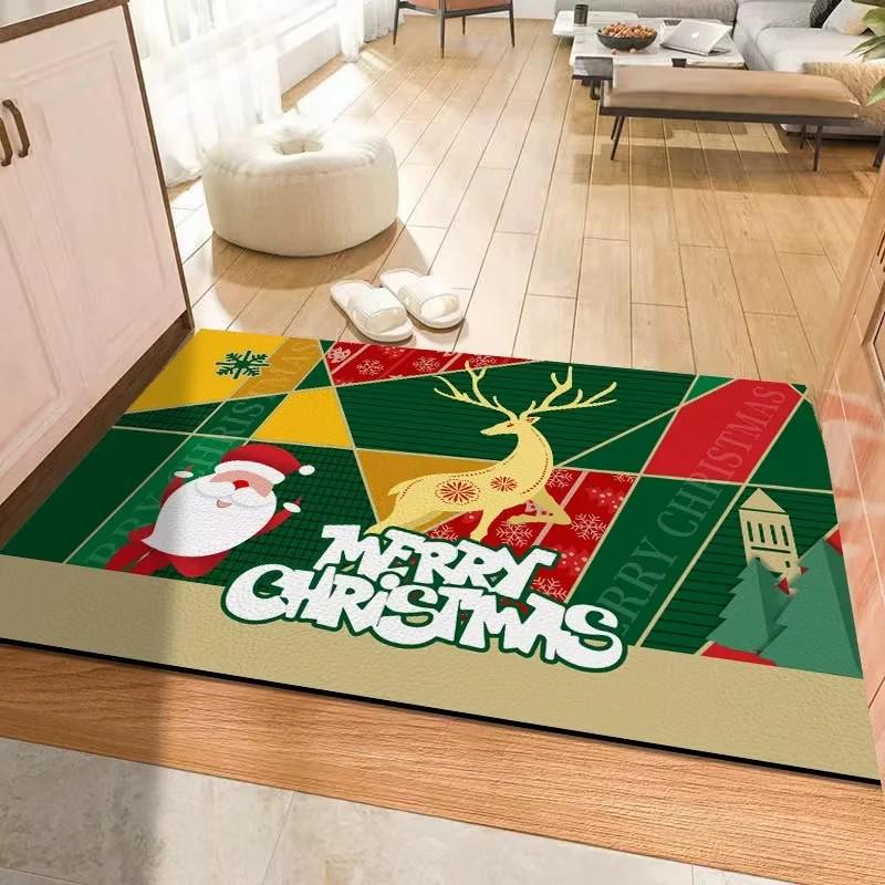 Festive Red Non-slip Absorbent Door Mat - Christmas Crystal Velvet